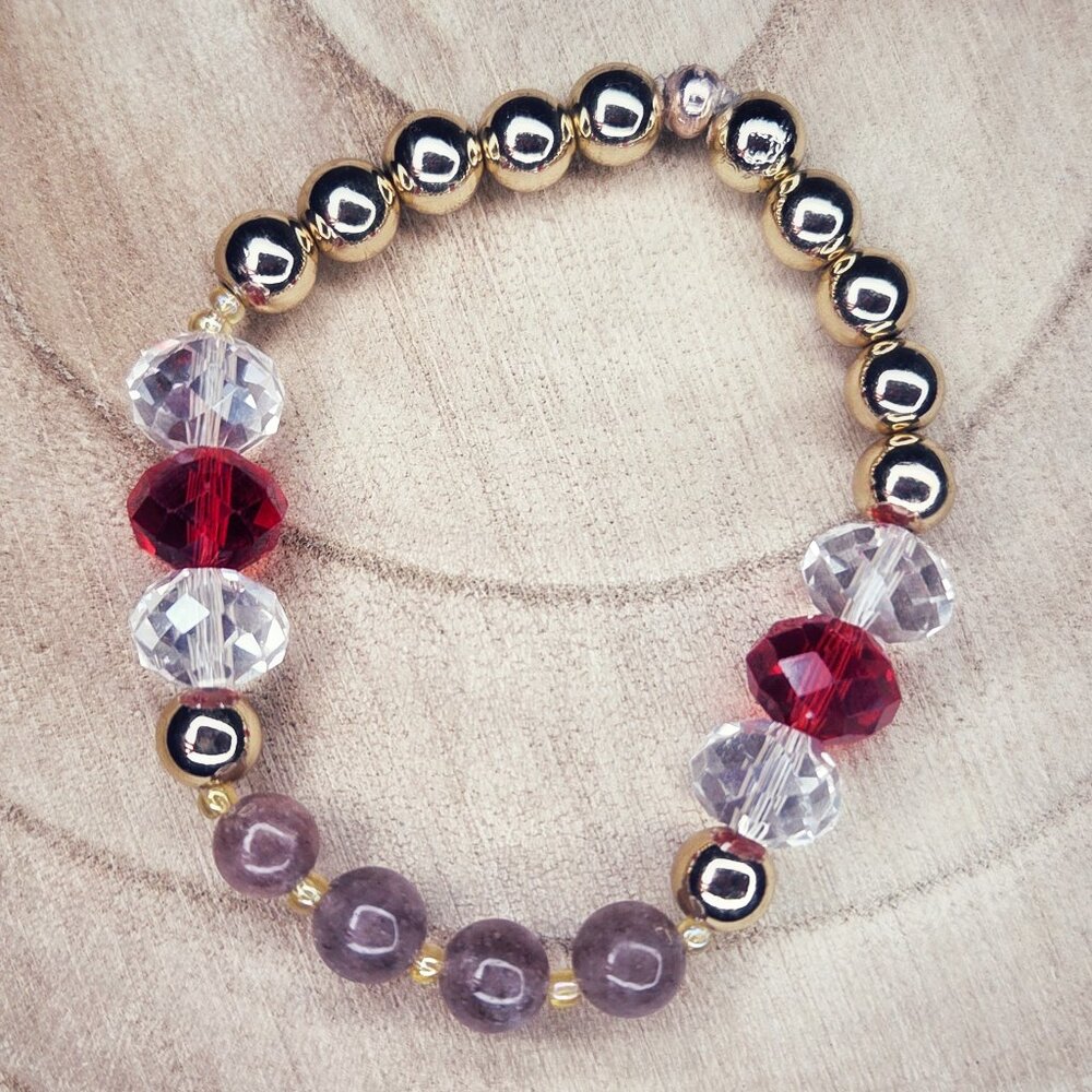 Strawberry Quartz Gemstone Beaded Stretch Bracelet with Accent Beads